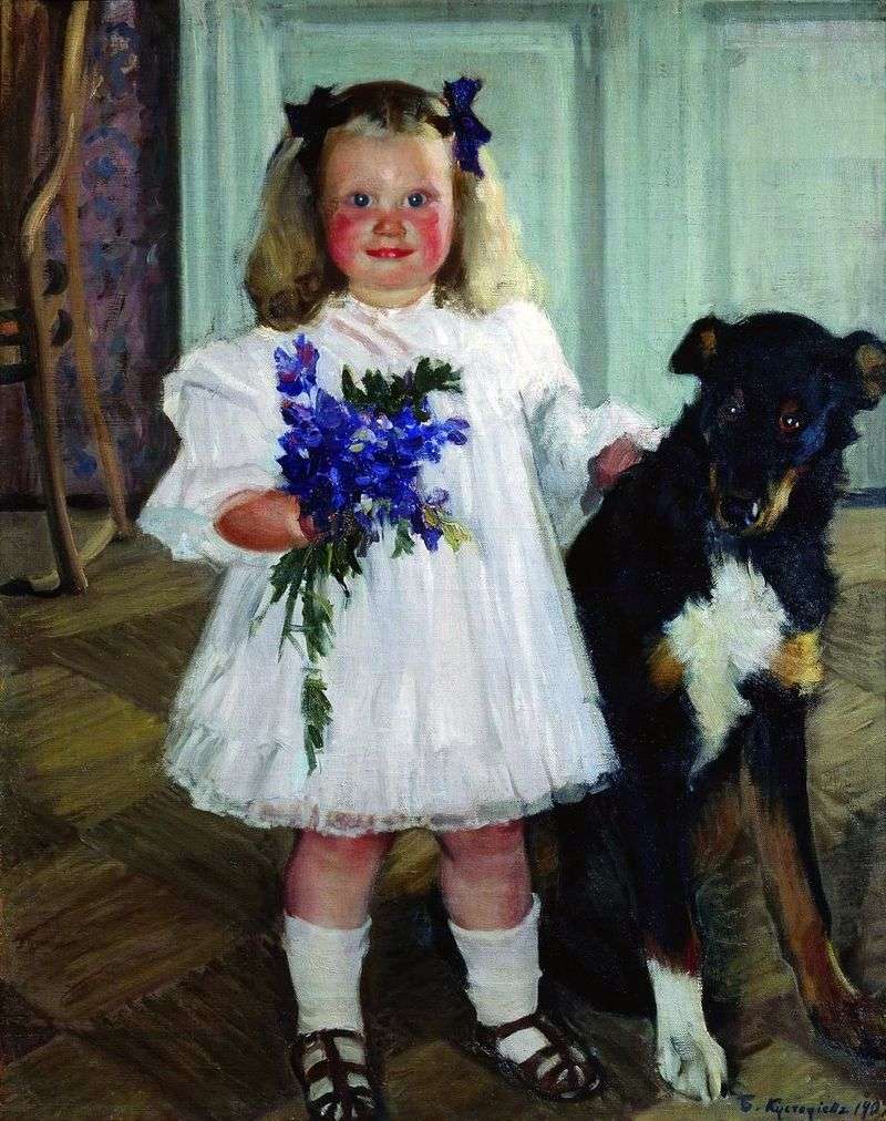 Portrait of Irina Kustodiyeva with Shumka the dog by Boris Kustodiev