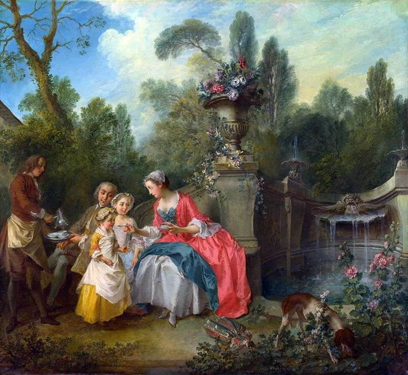 Lady and gentleman with two girls in the garden by Nicola Lancre