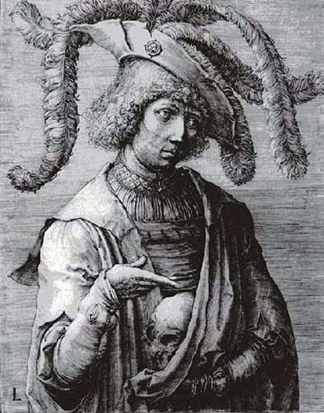 A young man with a skull in his hands by Lukas van Leiden