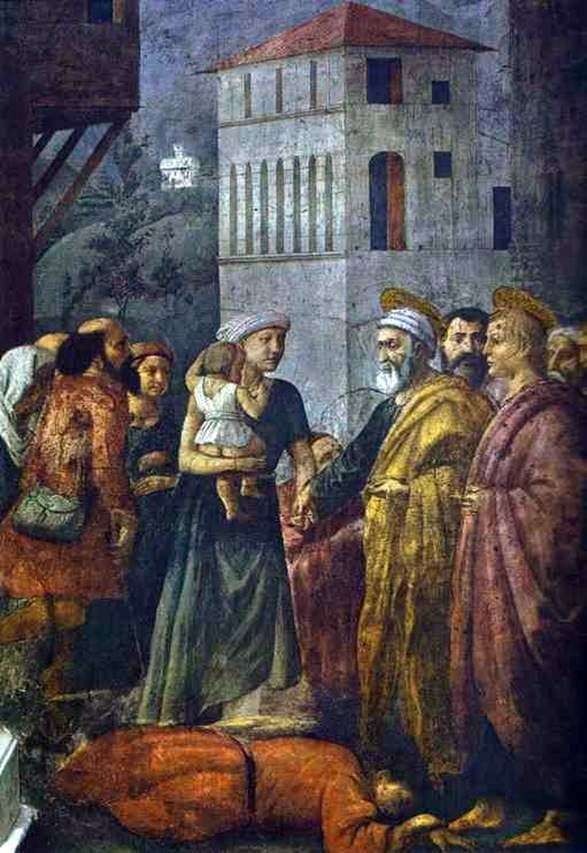 Saint Peter distributing community property among the poor by Masaccio