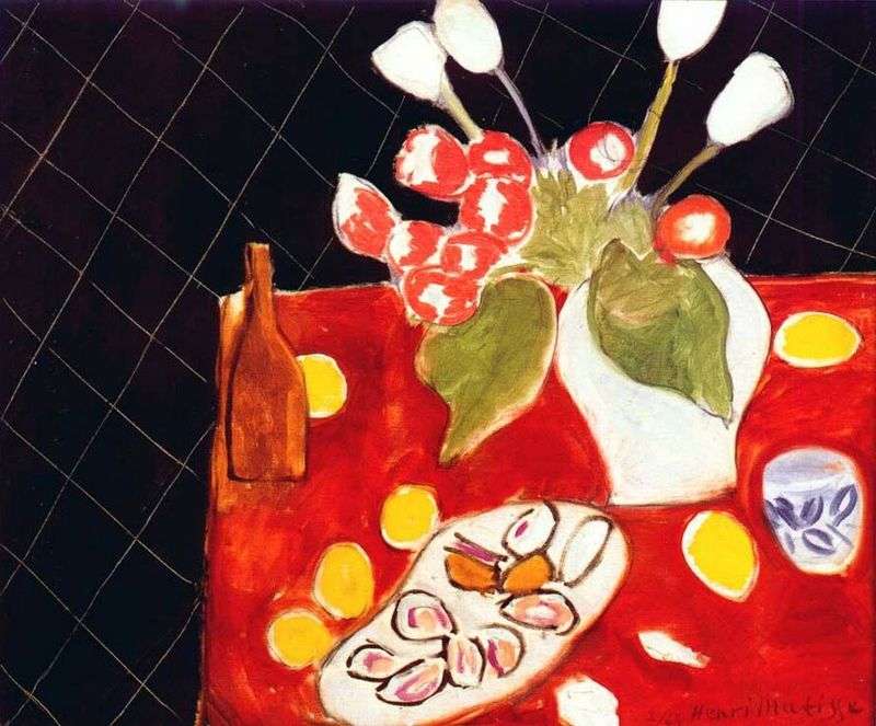 Tulips and oysters on a black background by Henri Matisse