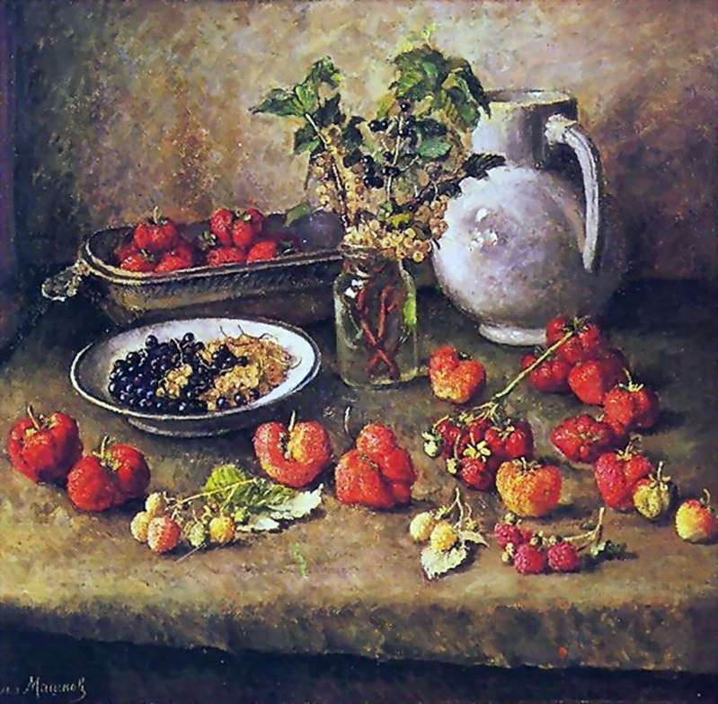 Strawberry and white jug by Ilya Mashkov