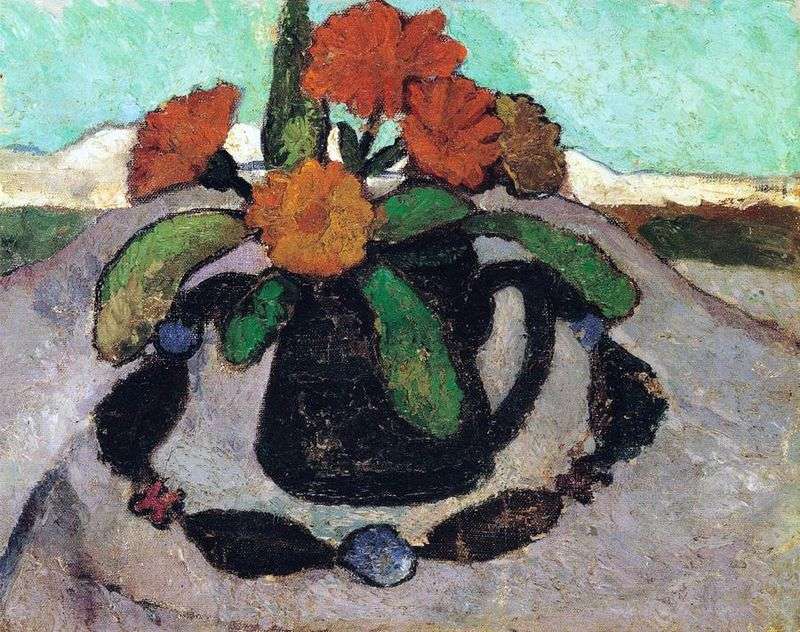 Still Life with Roses against a Landscape by Paula Modersohn Becker