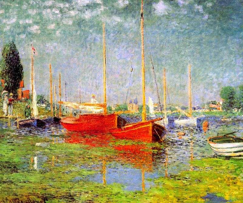 Red boats in Argenteuil by Claude Monet