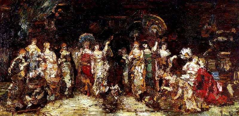 Cockfights in front of a group of young women by Adolphe Monticelli