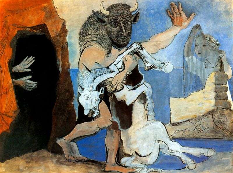 Minotaur with a dead horse in front of the cave by Pablo Picasso