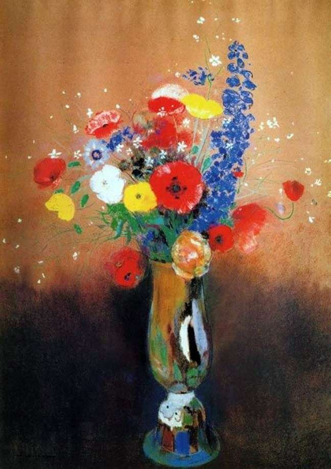 Wild flowers in a high vase by Odilon Redon