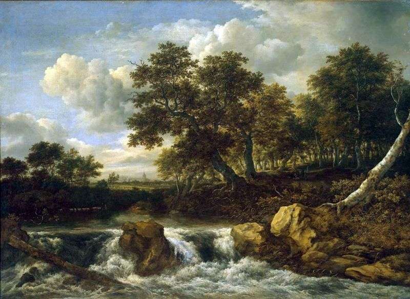 Landscape with a waterfall by Jacob van Ruisdal