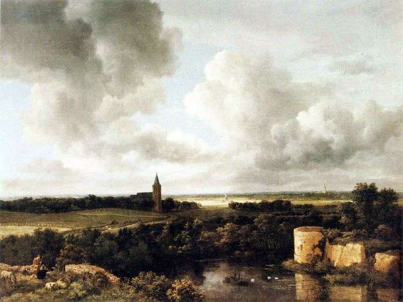 Landscape with castle ruins and church by Jacob van Reisdal