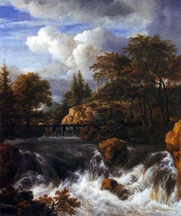 Rocky landscape with a waterfall by Jacob van Ruisdal