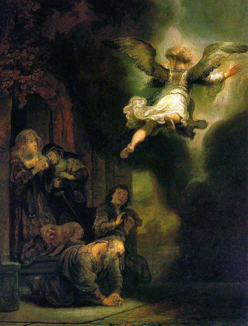 Archangel Raphael, leaving the family of Tobiah by Rembrandt Harmens Van Rhine