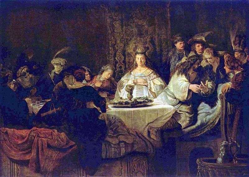 Samson makes a puzzle at the wedding table by Rembrandt Harmens Van Rhine