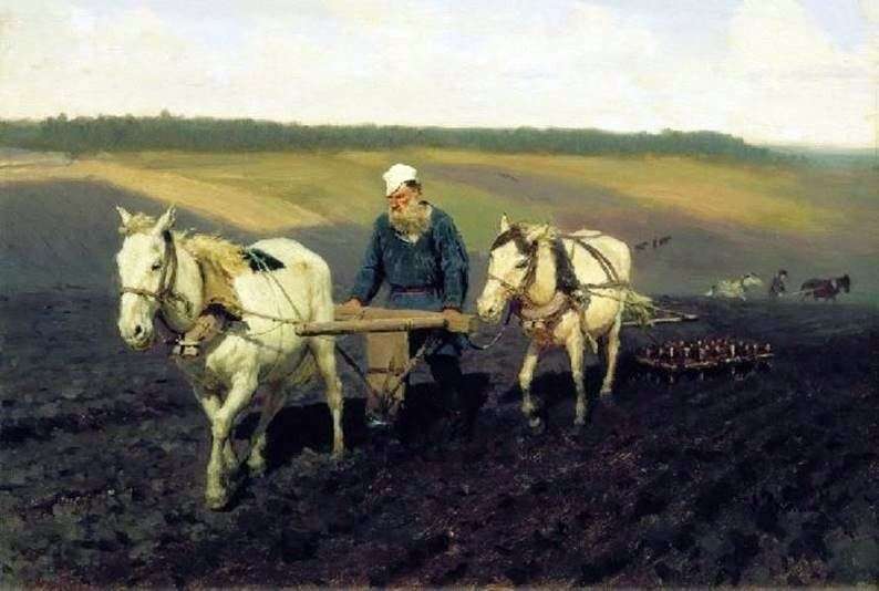 Plowman. Leo Tolstoy on arable land by Ilya Repin