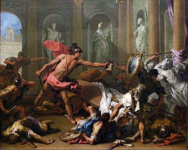 Perseus converts Phineas to stone by Sebastiano Ricci