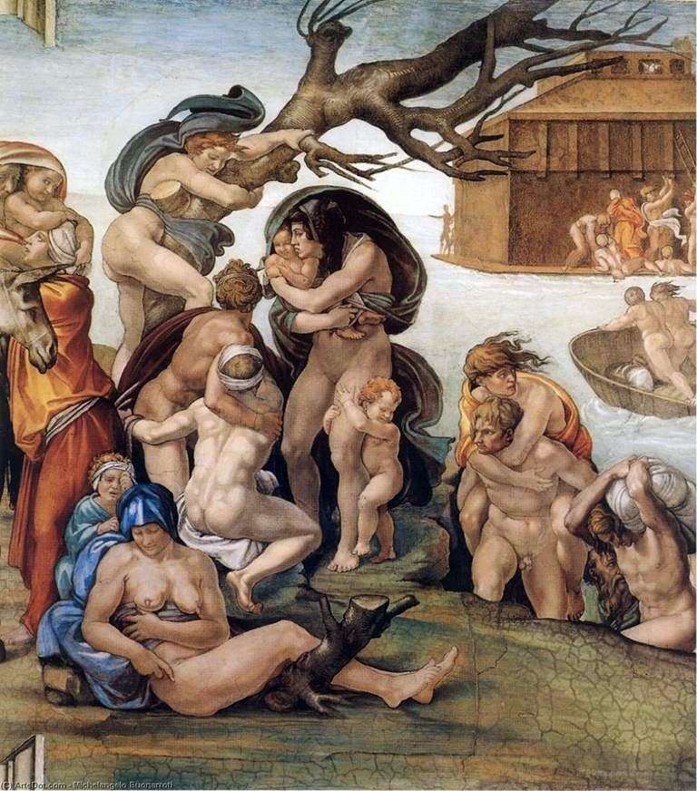 El diluvio, un fragmento de la pintura de la Capilla Sixtina (fresco)   Michelangelo Buonarroti