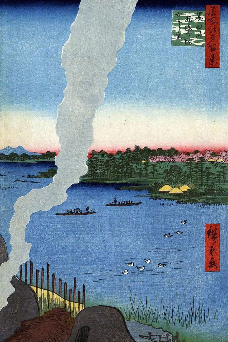 Hornos de asado en el ferry Hasiba no vatasi en el río Sumidagava   Utagawa Hiroshige