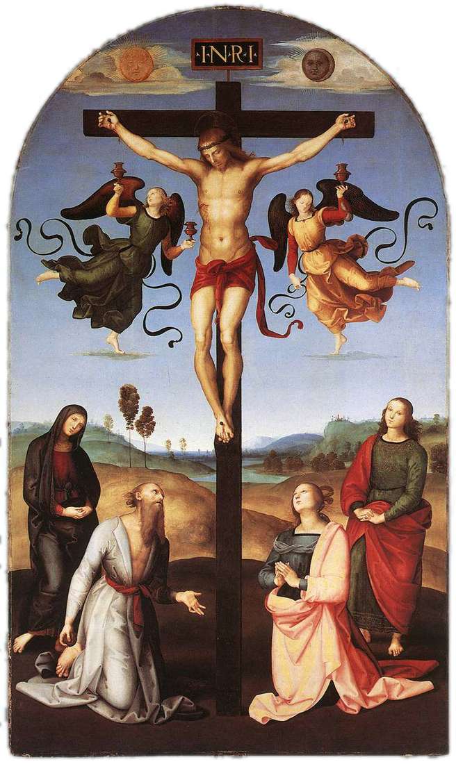 Crucifixión con la Virgen María, santos y ángeles   Rafael Santi