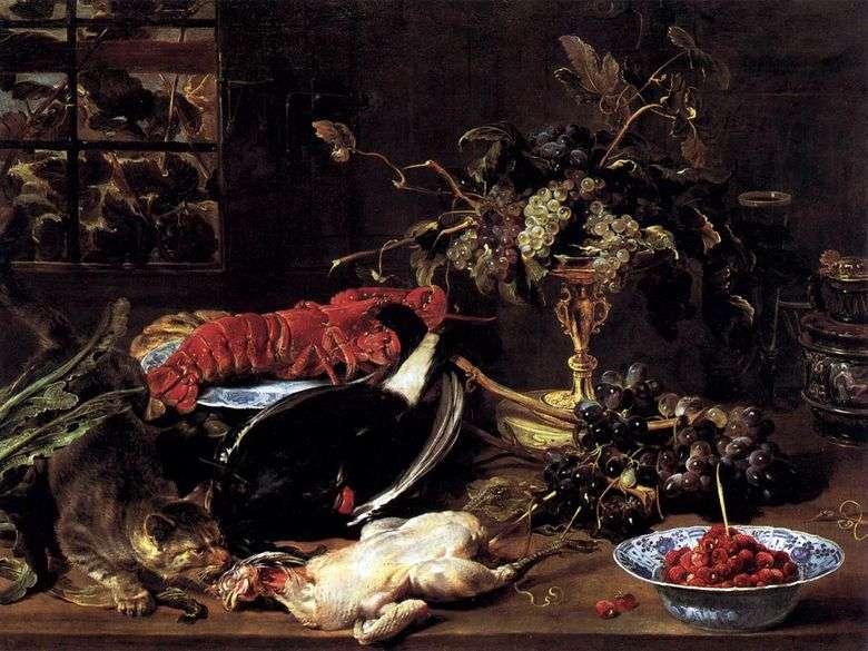 Bodegón con un gato hambriento, langosta y fruta   Frans Snyders