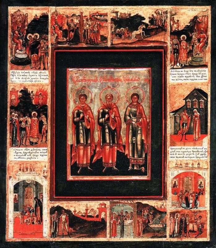 Los santos predicadores Gurii, Samon y Aviv, enmarcados con una vida en 10 sellos