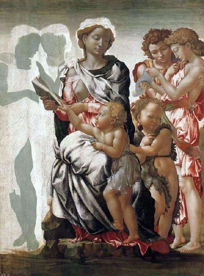 Madonna y el niño, Juan el Bautista y los ángeles   Michelangelo Buonarroti