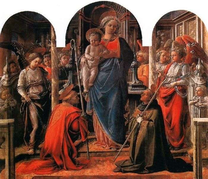 Madonna y el niño, rodeados de ángeles, con los santos Frediano y Agustín   Filippo Lippi