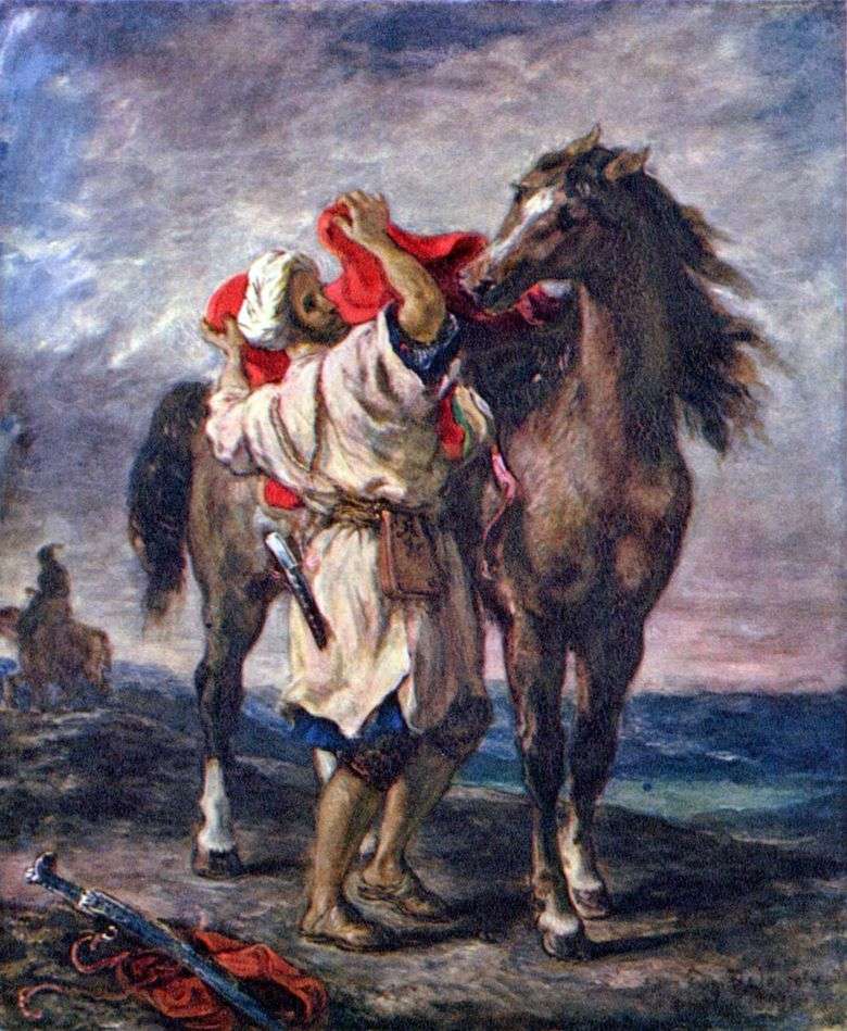 Marroquí ensilla un caballo   Eugene Delacroix