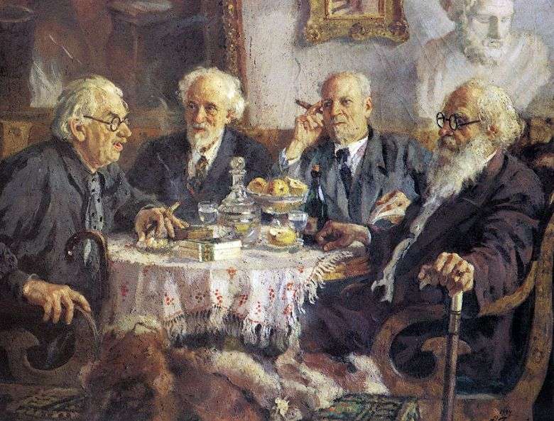Retrato de los artistas soviéticos más antiguos I. Pavlov, V. Baksheev, V. Byalynitsky Birulya y V. Meshkov   Alexander Gerasimov