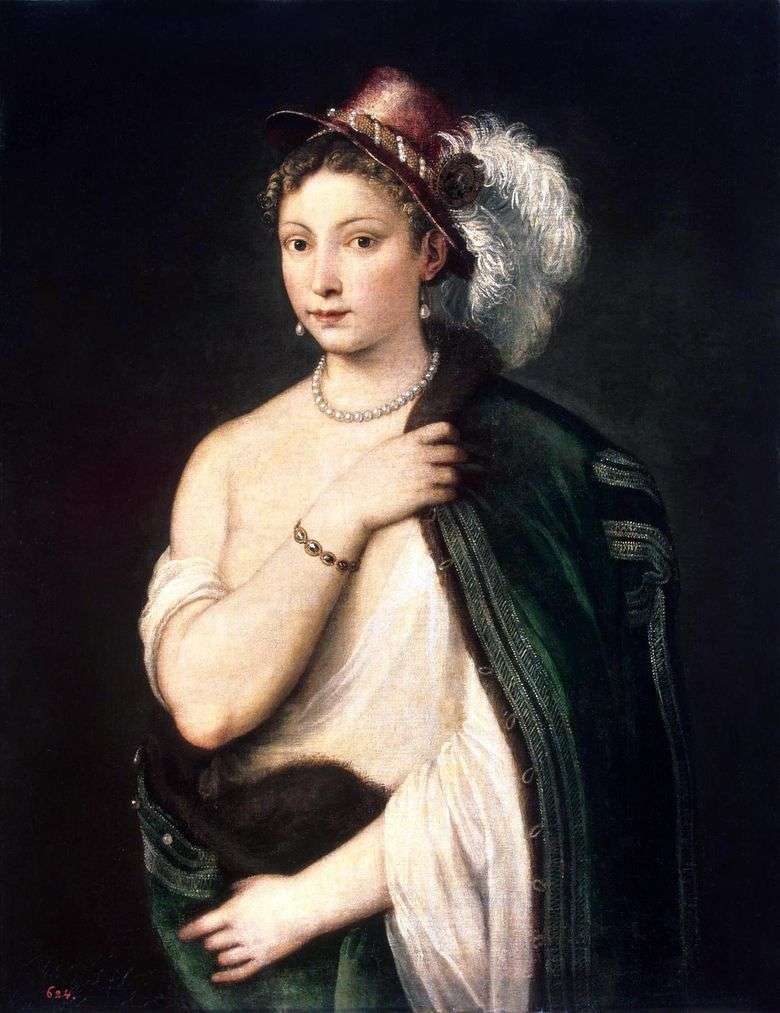 Retrato de una joven en un sombrero con una pluma   Tiziano Vechelio