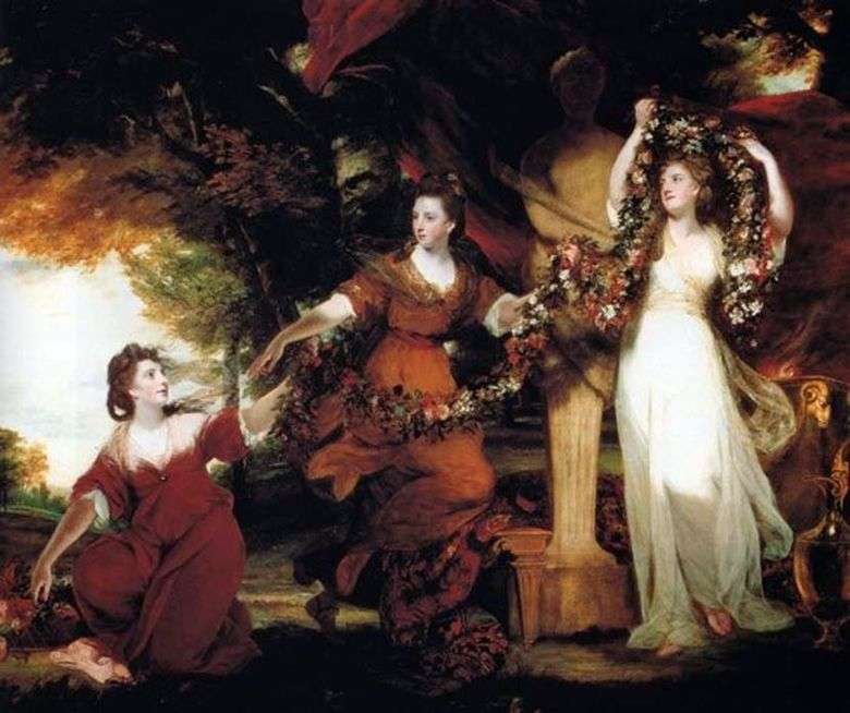 Tres hermanas de Montgomery en forma de gracias, decorando con flores la estatua de Hymen   Joshua Reynolds