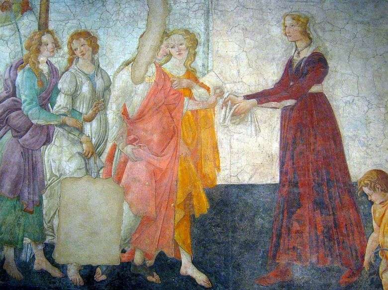 Los frescos de la villa macherelli. Una joven acepta regalos de Venus y las tres gracias   Sandro Botticelli