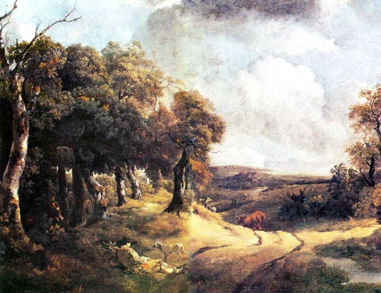 Route à travers la forêt et un garçon avec un chien   Thomas Gainsborough