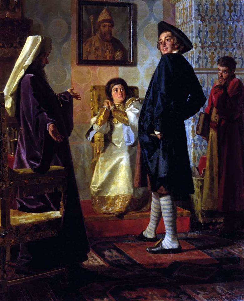 Pierre I en robe étrangère devant sa mère, la tsarine Natalia, le patriarche Andrien et le professeur Zotov   Nikolay Nevrev