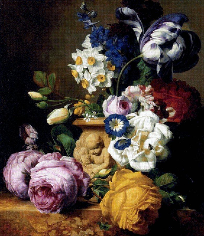 Roses, tulipes, dauphins, pivoines et jonquilles dans un vase   Noeud Charles Joseph