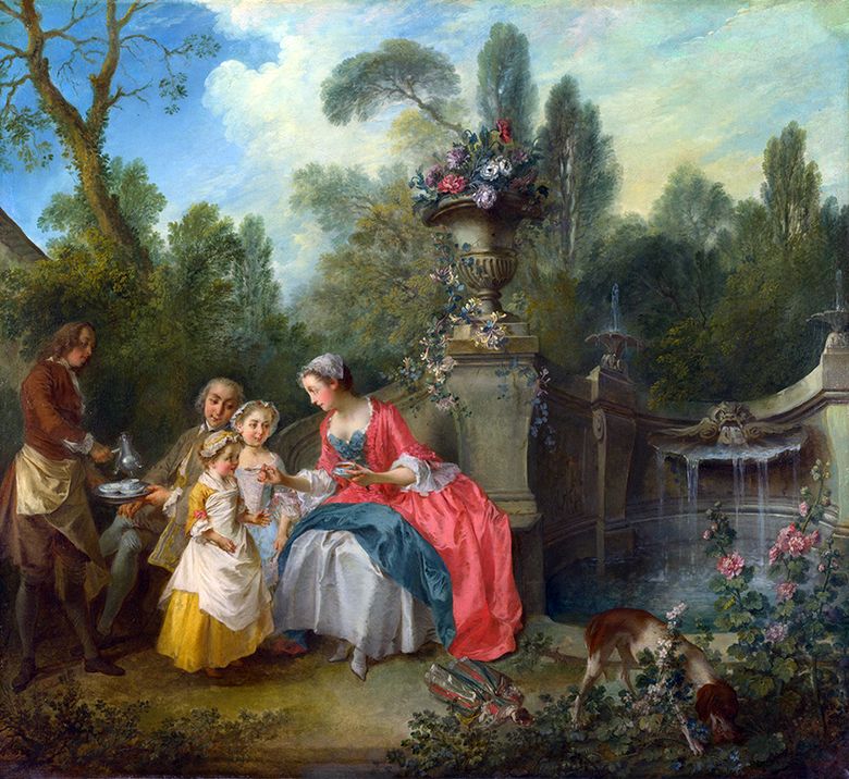 Dame et cavalier avec deux filles dans le jardin   Nicola Lancre