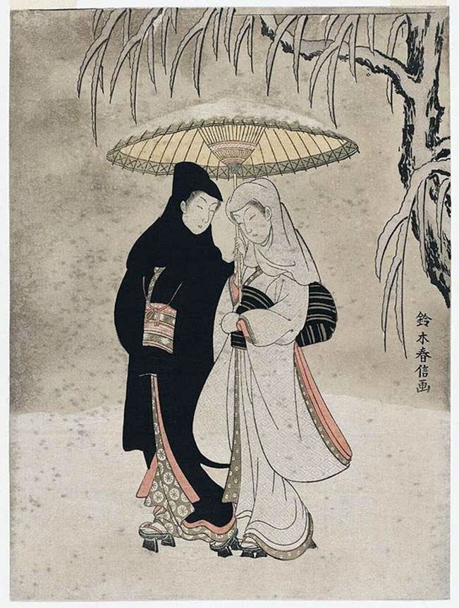 Amoureux dans un jardin enneigé   Suzuki Harinobu