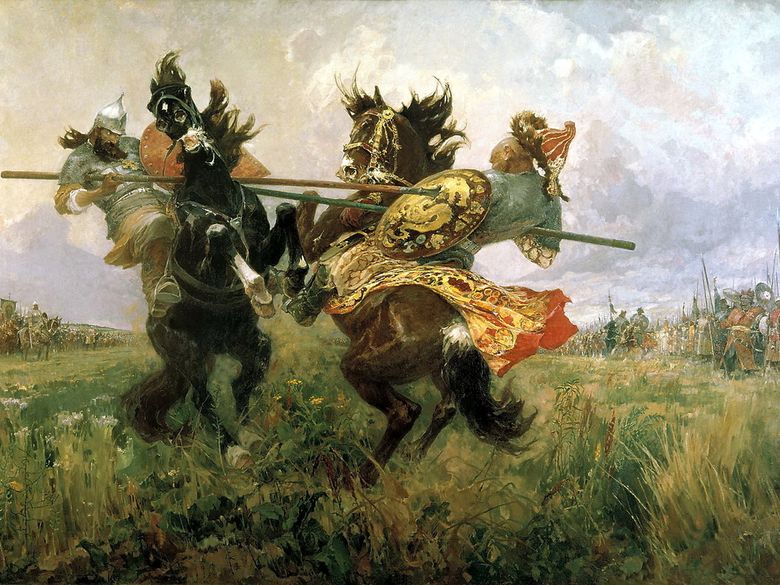 Duel Peresvet avec Chelubey sur le terrain de Kulikovo   Mikhail Avilov