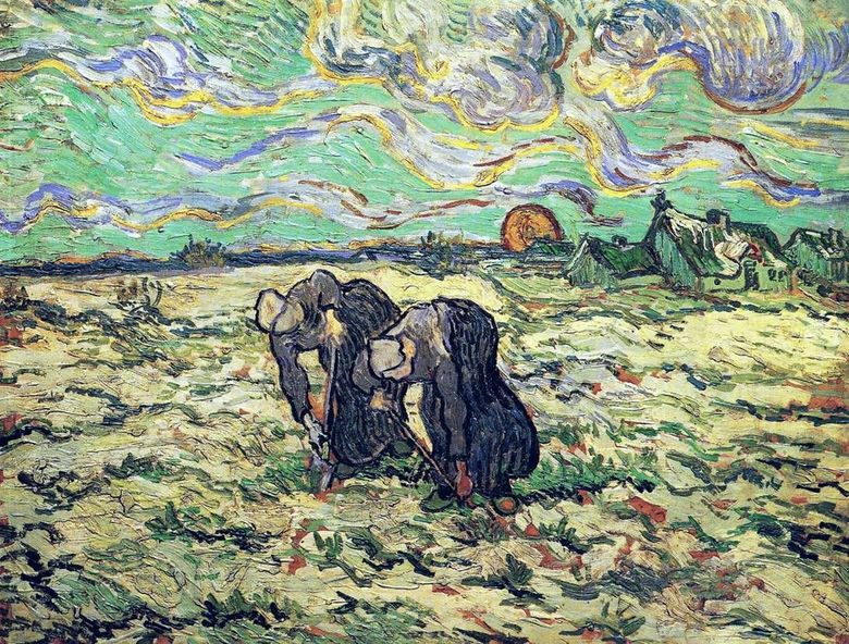 Deux paysannes creusant dans un champ avec de la neige   Vincent van Gogh