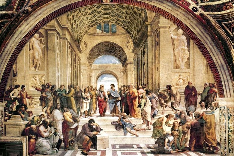 École athénienne. Peinture murale Stanze della Senyatura   Raphael Santi