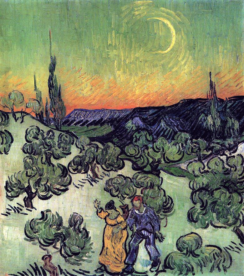 Paysage avec un couple qui marche et un croissant de lune   Vincent Van Gogh