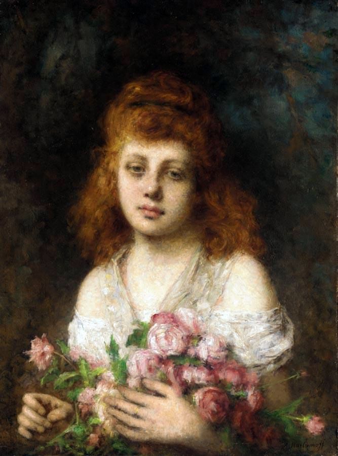 Fille rousse avec un bouquet de roses   Alexei Kharlamov