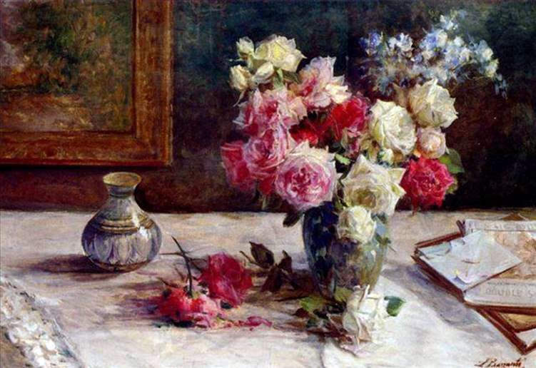 Roses dans un vase et plusieurs livres sur la table   Licinio Barzanti