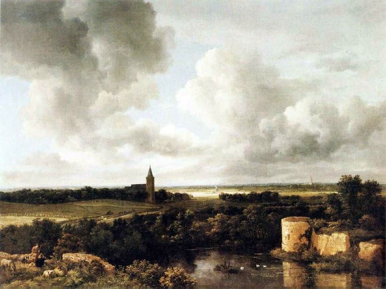 Paysage avec ruines du château et église   Jacob van Reisdal