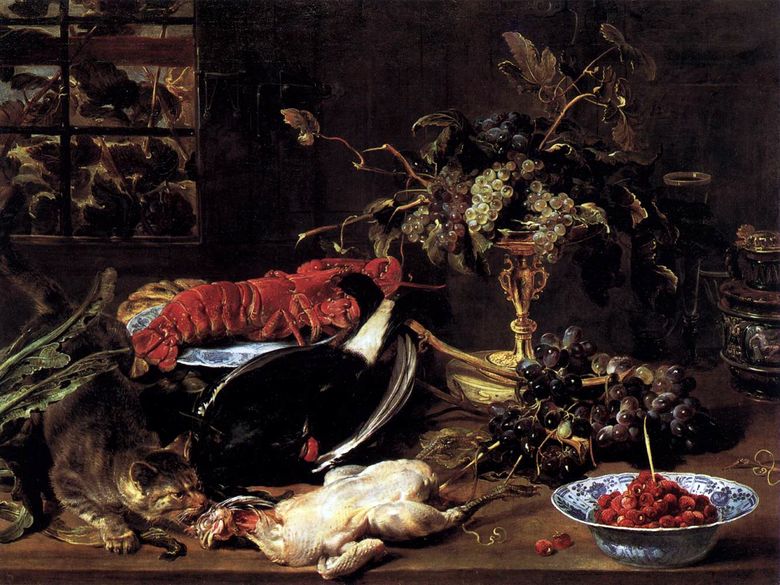 Nature morte avec un chat affamé, du homard et des fruits   France Sneijders