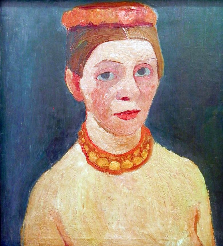 Autoportrait avec couronne de fleurs rouges et chaîne   Paula Moderson Becker