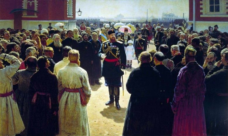Réception des contremaîtres volostes par lempereur Alexandre III dans la cour du Palais Pierre à Moscou   Ilya Repin