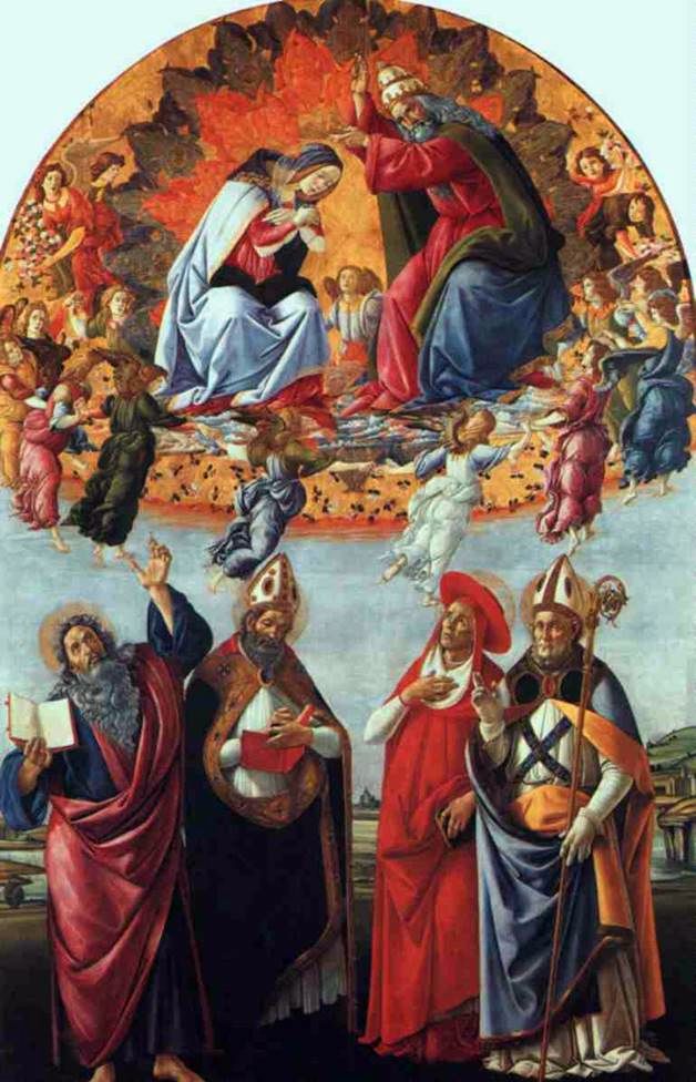 Autel de San Marco, ou le couronnement de Marie avec les anges, lévangéliste Jean et les saints Augustin, Jérôme et Eligius   Sandro Botticelli