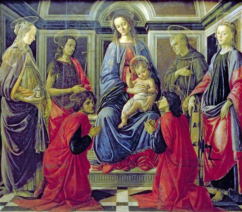 Vierge à lenfant avec saints Marie Madeleine, Jean Baptiste, Kozma, Damien, François dAssise et Catherine dAlexandrie   Sandro Botticelli